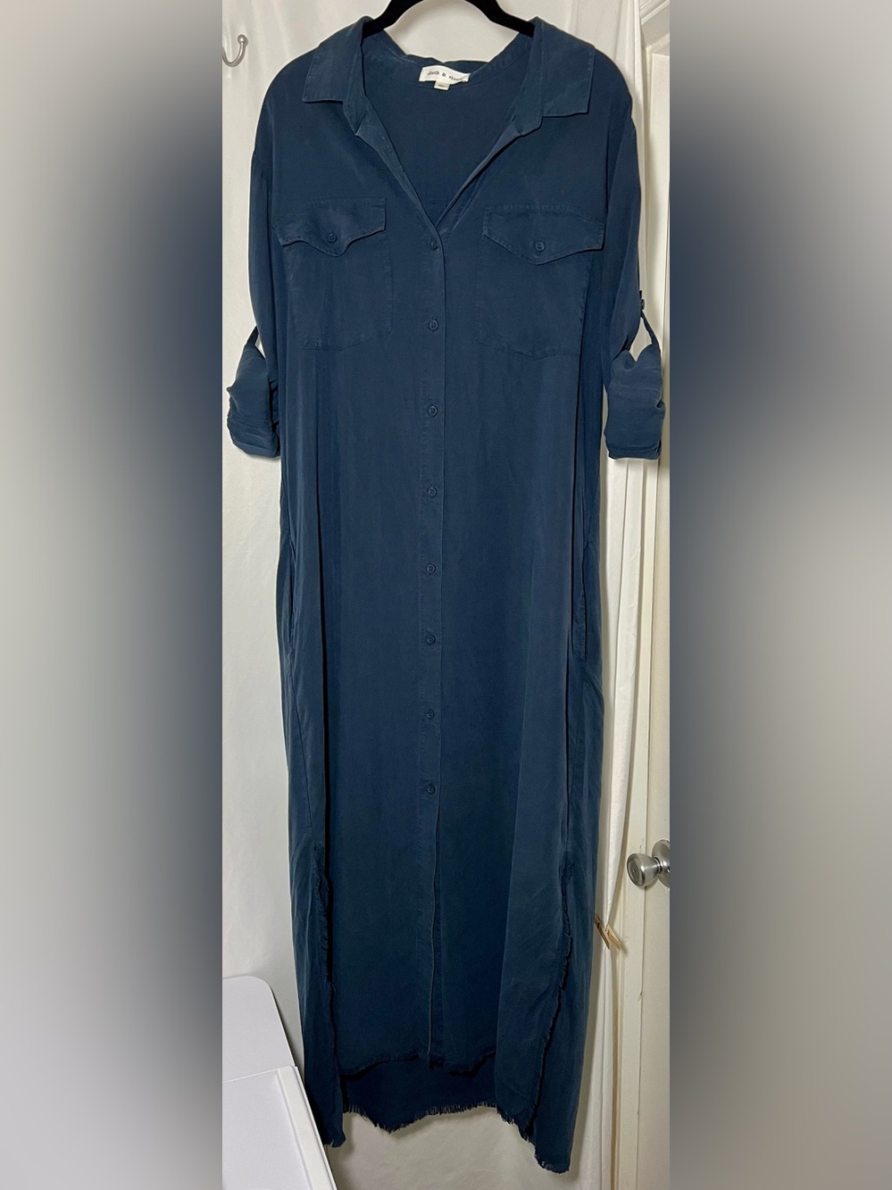 Cloth & Stone Tencel Button Front Maxi Shirtdress Frayed Hem Blue XL
